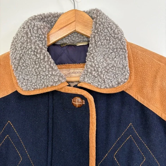 VTG Novelti 100% Leather Wool Tan Blue Insulated Ranch Jacket. Women Sz M - Picture 2 of 16